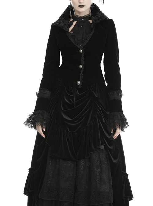 Gothic Queen Lace V-neck Black Velvet Lapel Jacket