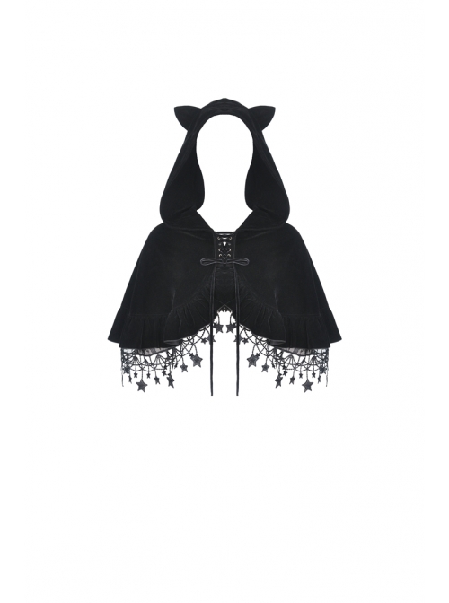 Stars Tassel Night Cat Gothic Lolita Black Hooded Cloak