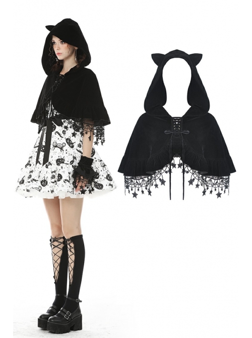 Stars Tassel Night Cat Gothic Lolita Black Hooded Cloak
