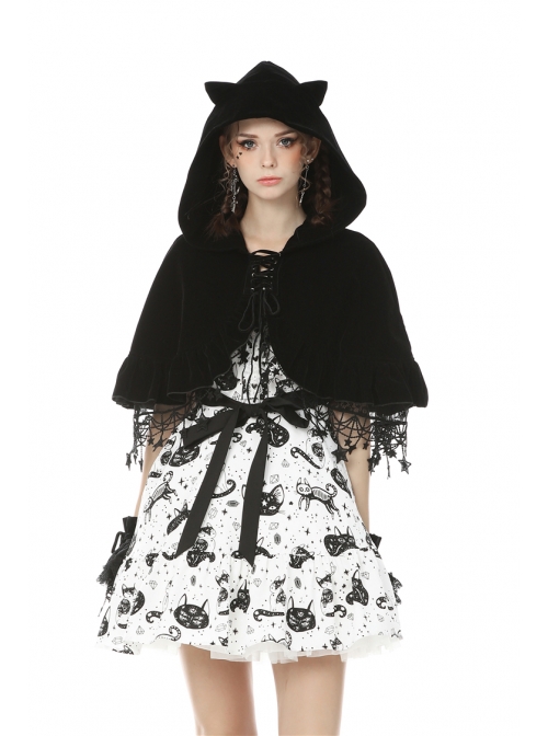 Stars Tassel Night Cat Gothic Lolita Black Hooded Cloak