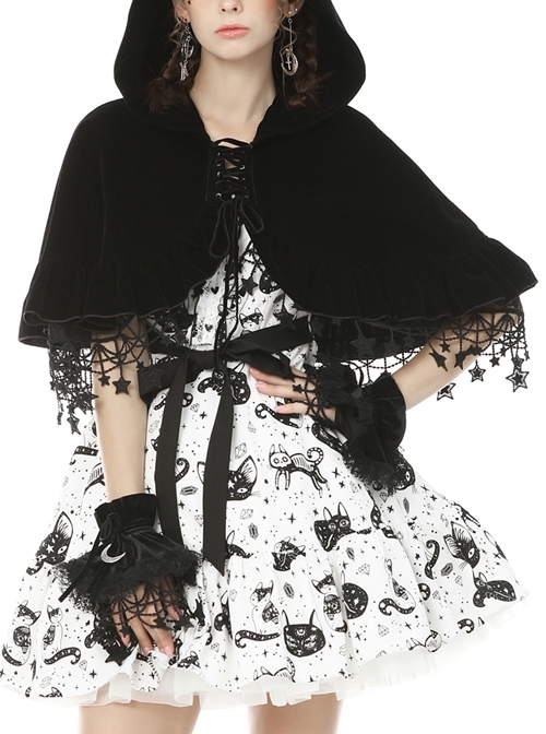 Stars Tassel Night Cat Gothic Lolita Black Hooded Cloak