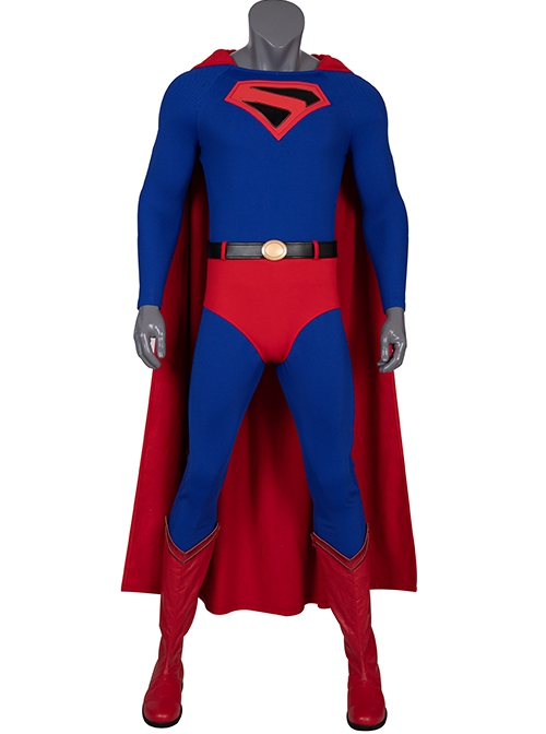Crisis On Infinite Earths Superman Blue Battle Suit Halloween Cosplay Costume Red Cloak