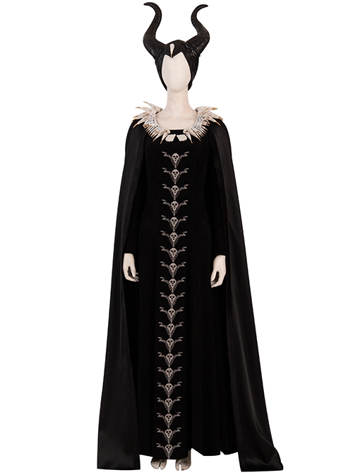 Maleficent Skeleton Embroidered Black Long Dress Halloween Cosplay Accessories Black Hat