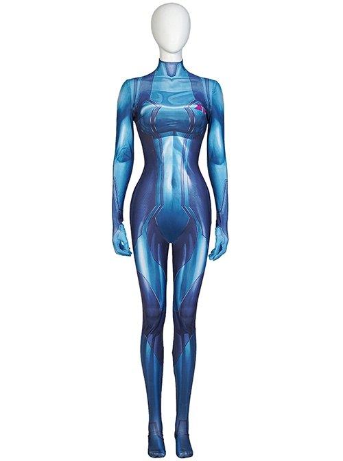 Game Metroid Samus Aran Halloween Cosplay Costume Blue Bodysuit