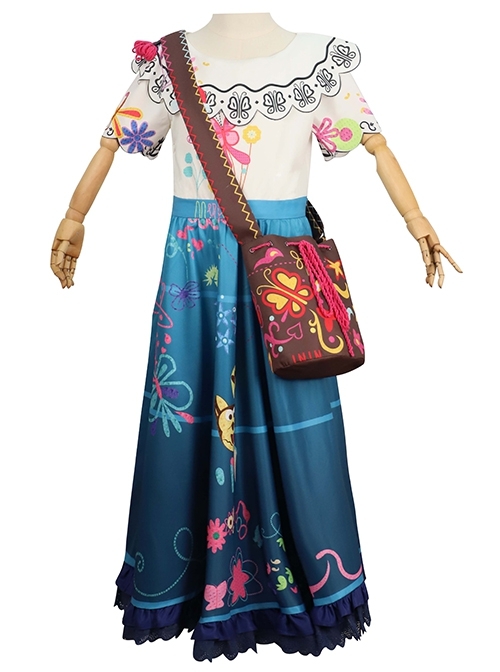 Encanto Mirabel Printing Children Long Dress Halloween Cosplay Kids Version Costume Full Set