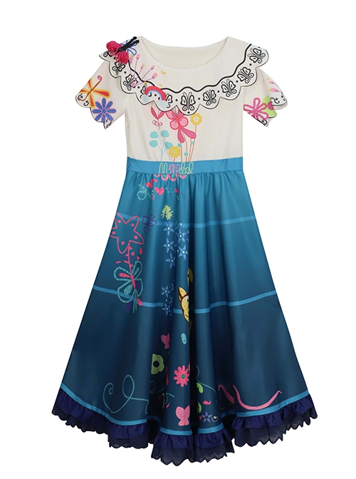 Encanto Mirabel Printing Children Long Dress Halloween Cosplay Kids Version Costume Full Set
