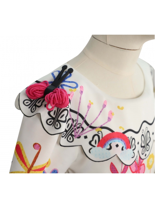 Encanto Mirabel Printing Children Long Dress Halloween Cosplay Kids Version Costume Full Set