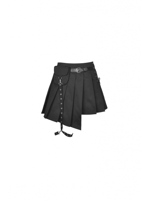 Rock Locomotive Punk Black Irregular Hem Pleated Skirt
