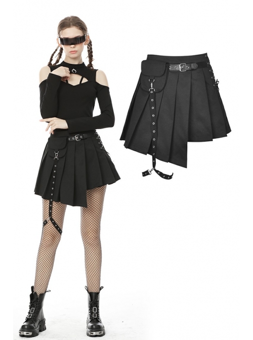 Rock Locomotive Punk Black Irregular Hem Pleated Skirt
