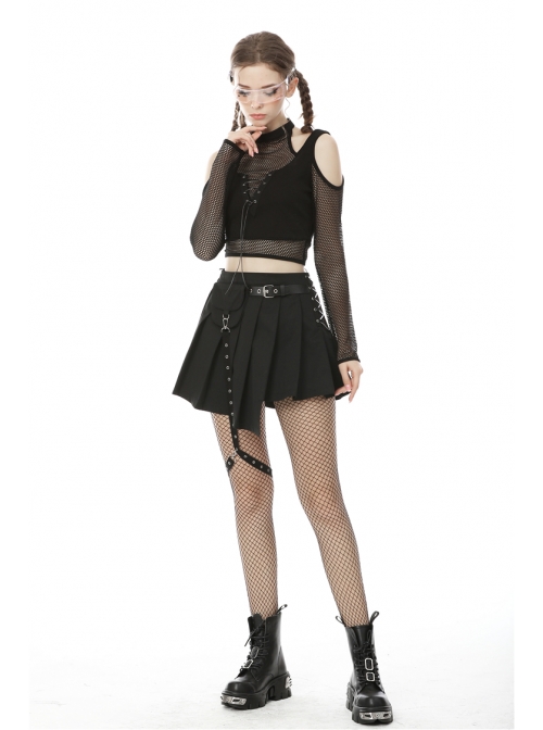 Rock Locomotive Punk Black Irregular Hem Pleated Skirt