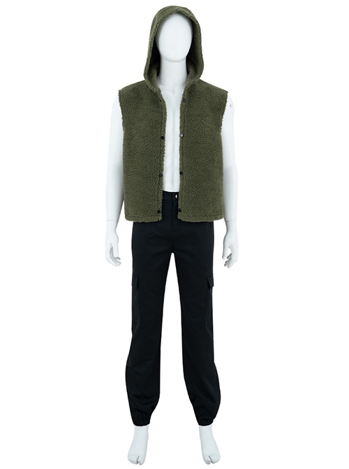 The Batman 2022 Riddler Edward Nygma Halloween Cosplay Costume Dark Green Short-plush Hooded Vest