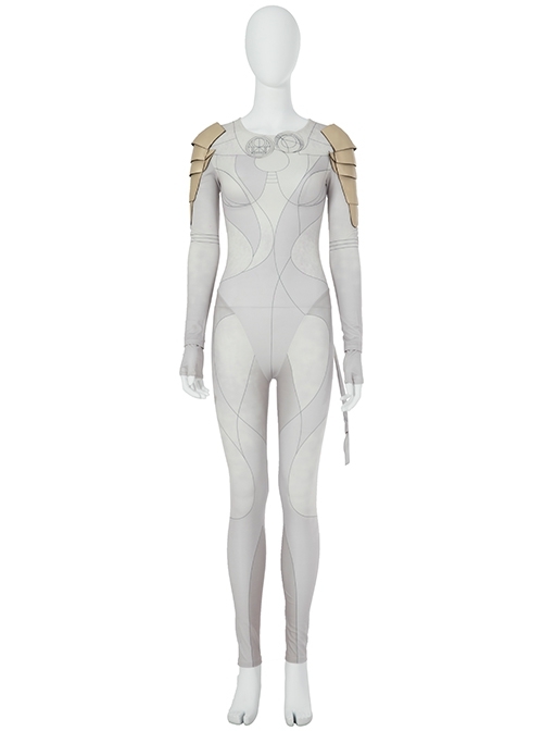 Eternals Thena Beige Battle Suit Halloween Cosplay Costume Gray Bodysuit