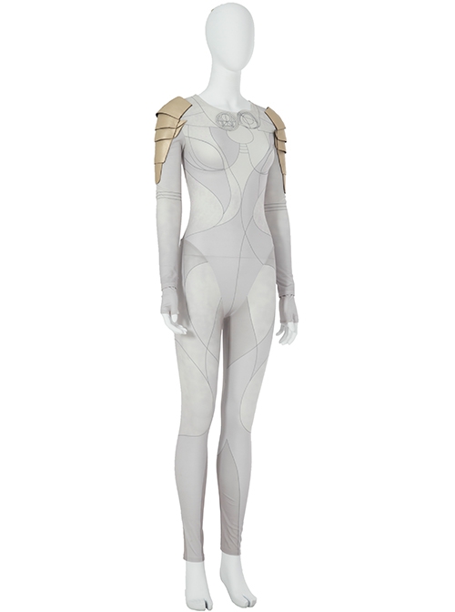 Eternals Thena Beige Battle Suit Halloween Cosplay Costume Gray Bodysuit