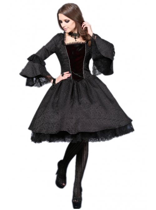 Victorian Gothic Black Jacquard Pattern Court Long Sleeve Dress