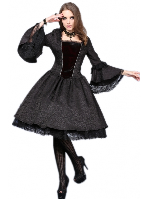 Victorian Gothic Black Jacquard Pattern Court Long Sleeve Dress