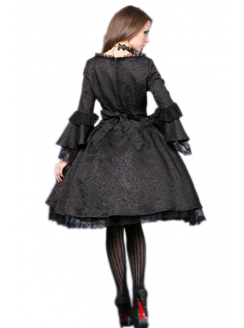 Victorian Gothic Black Jacquard Pattern Court Long Sleeve Dress