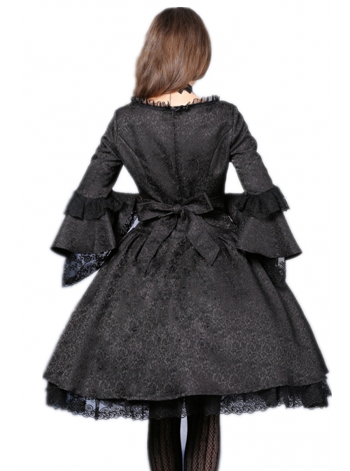 Victorian Gothic Black Jacquard Pattern Court Long Sleeve Dress