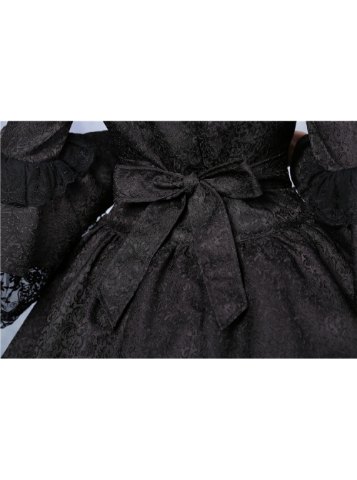 Victorian Gothic Black Jacquard Pattern Court Long Sleeve Dress