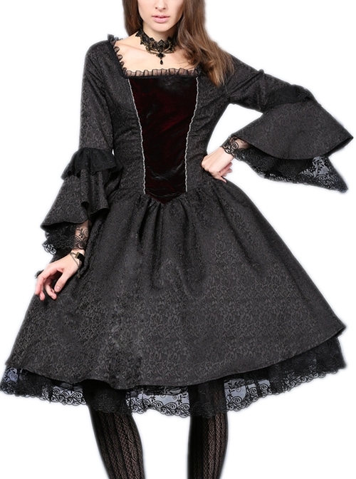Victorian Gothic Black Jacquard Pattern Court Long Sleeve Dress