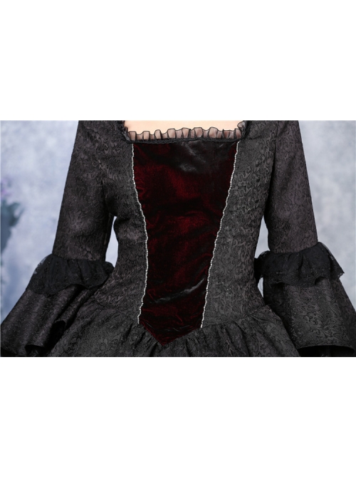 Victorian Gothic Black Jacquard Pattern Court Long Sleeve Dress