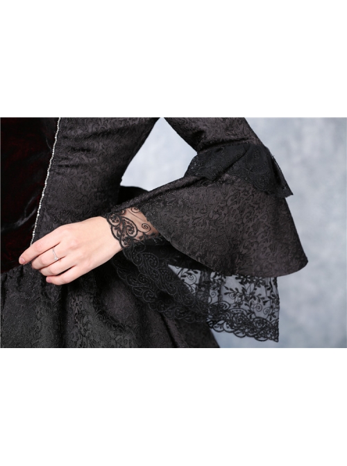 Victorian Gothic Black Jacquard Pattern Court Long Sleeve Dress