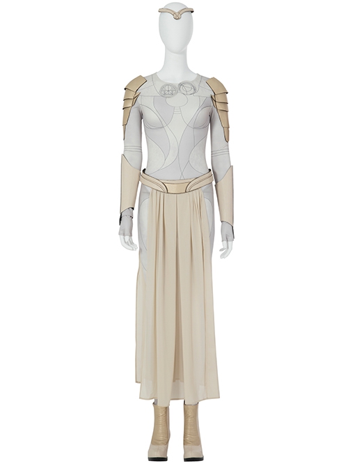 Eternals Thena Beige Battle Suit Halloween Cosplay Accessories Golden Headwear