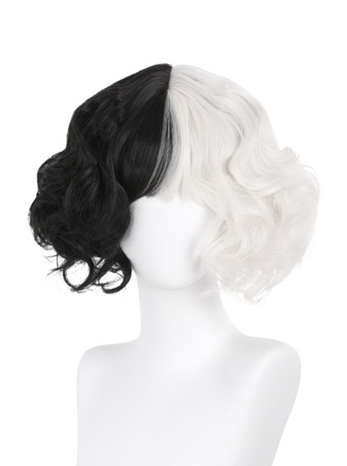 Cruella Black Leather Skirt Suit Halloween Cosplay Costume Black-White Curly Wig
