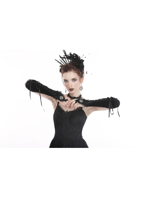 Black Velvet Lace-up Gothic Elegant Long Gloves