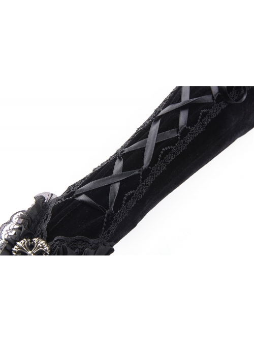 Black Velvet Lace-up Gothic Elegant Long Gloves