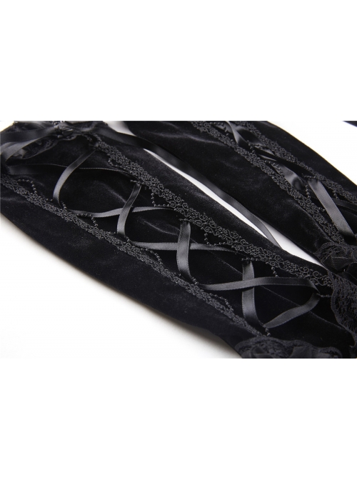 Black Velvet Lace-up Gothic Elegant Long Gloves