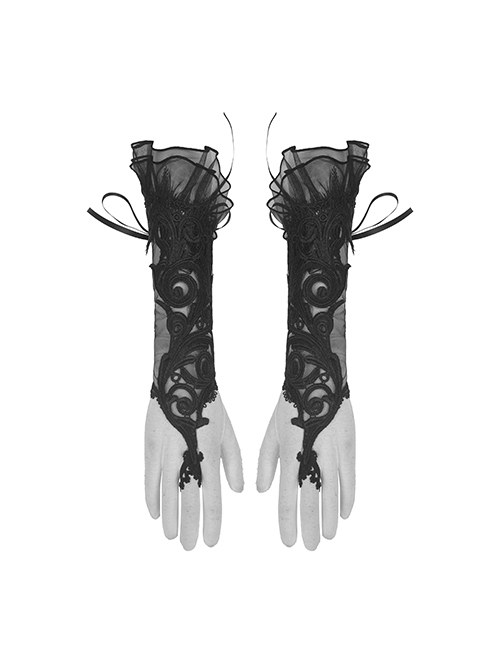 Gorgeous Gothic Lace-Up Tulle Black Lace Embroidered Gloves