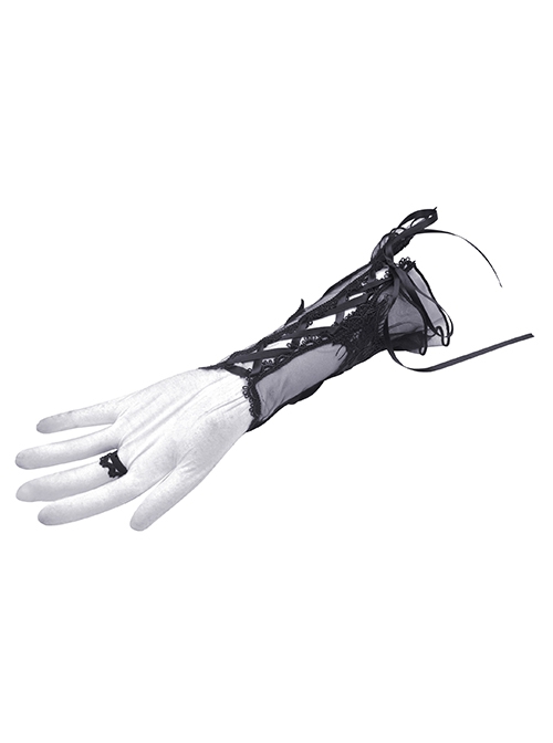 Gorgeous Gothic Lace-Up Tulle Black Lace Embroidered Gloves