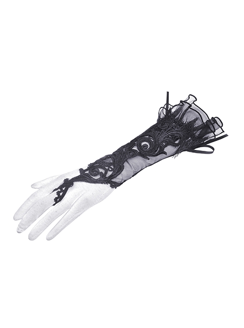 Gorgeous Gothic Lace-Up Tulle Black Lace Embroidered Gloves