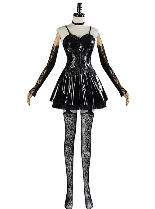 Death Note Amane Misa Halloween Cosplay Costume Sexy Black Sling Leather Dress Full Set