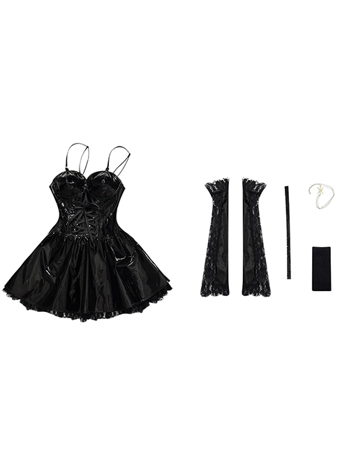 Death Note Amane Misa Halloween Cosplay Costume Sexy Black Sling Leather Dress Full Set