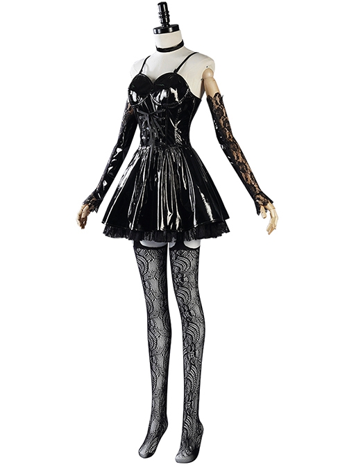 Death Note Amane Misa Halloween Cosplay Costume Sexy Black Sling Leather Dress Full Set