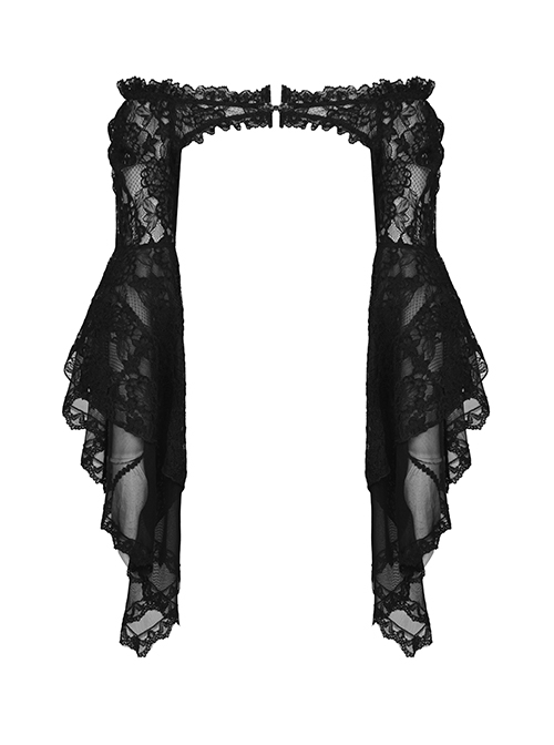 Gorgeous Queen Sexy Black Mesh Lace Tie Flared Sleeve Gothic Long Sleeve One Shoulder Cape