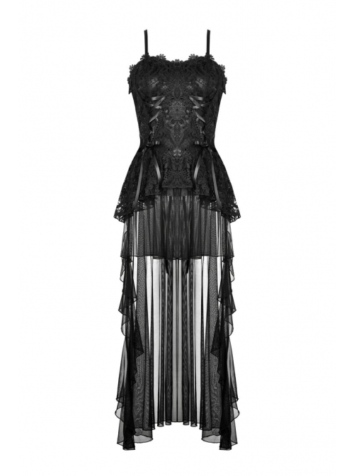 Gothic Black Elegant Lace Corset Tie Aesthetic Long Tail Sexy Tulle Hem Dress