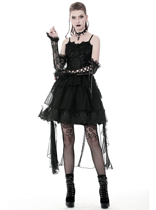 Gothic Black Elegant Lace Corset Tie Aesthetic Long Tail Sexy Tulle Hem Dress