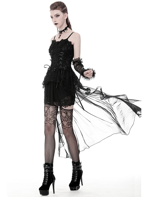 Gothic Black Elegant Lace Corset Tie Aesthetic Long Tail Sexy Tulle Hem Dress