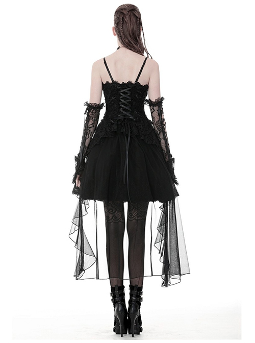 Gothic Black Elegant Lace Corset Tie Aesthetic Long Tail Sexy Tulle Hem  Dress - Magic Wardrobes