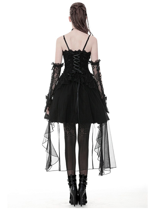 Gothic Black Elegant Lace Corset Tie Aesthetic Long Tail Sexy Tulle Hem Dress