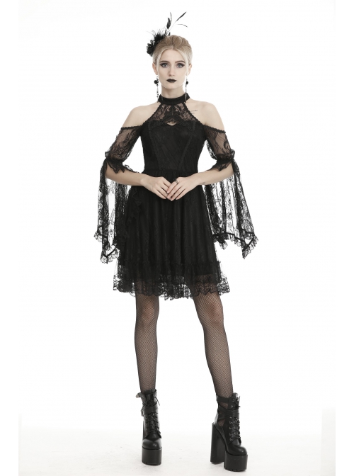 Crochet Sexy Black Sling Off Shoulder Cutout Lace Flared Sleeves Gothic Backless Dress
