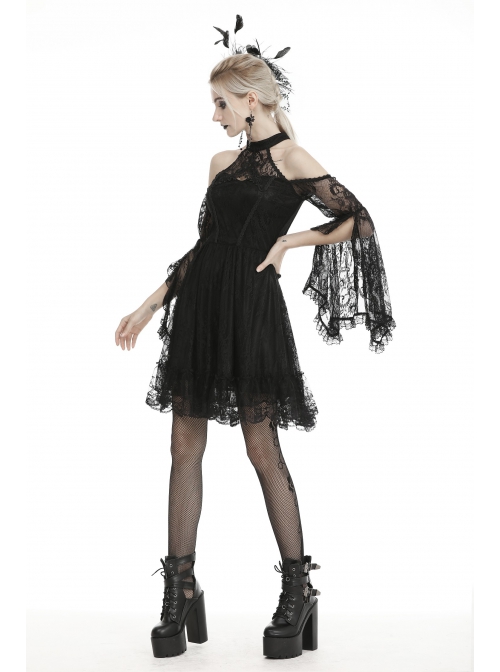 Crochet Sexy Black Sling Off Shoulder Cutout Lace Flared Sleeves Gothic Backless Dress