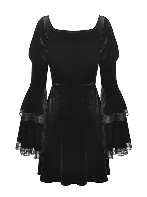 Black Pagoda Sleeve Square Neck Velvet Lace Up Sexy Gothic Cool Double Princess Dress
