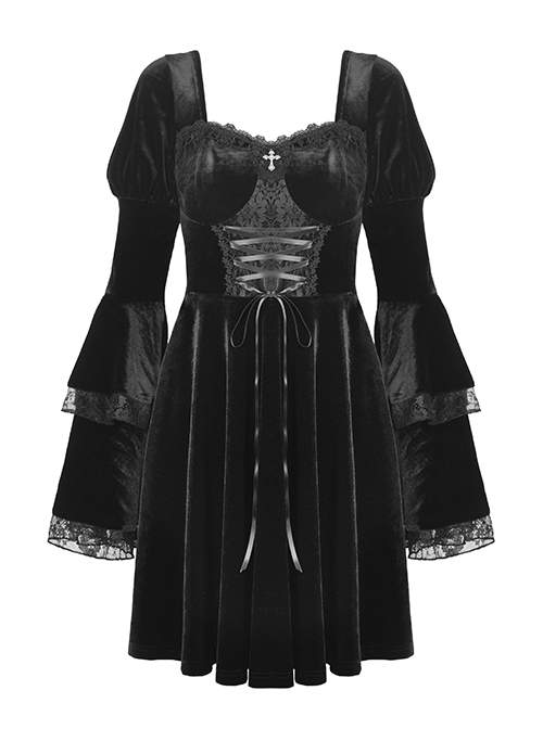 Black Pagoda Sleeve Square Neck Velvet Lace Up Sexy Gothic Cool Double Princess Dress