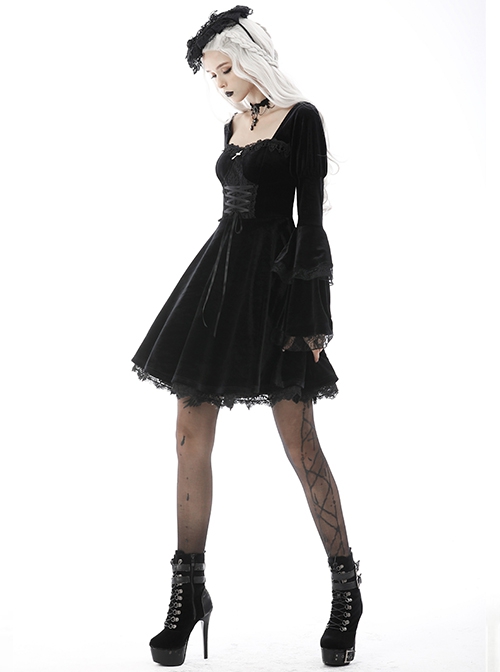 Black Pagoda Sleeve Square Neck Velvet Lace Up Sexy Gothic Cool Double Princess Dress