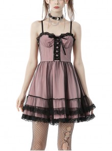 Cool Black Mesh Double Layer Pink Cute Punk Sling Side Zipper Tube Top Doll Dress