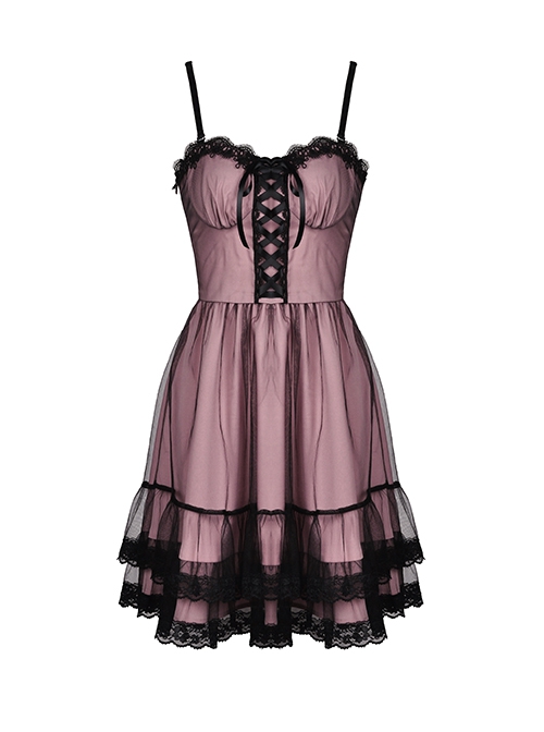 Cool Black Mesh Double Layer Pink Cute Punk Sling Side Zipper Tube Top Doll Dress