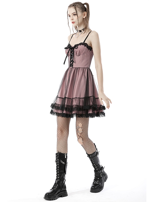 Cool Black Mesh Double Layer Pink Cute Punk Sling Side Zipper Tube Top Doll Dress